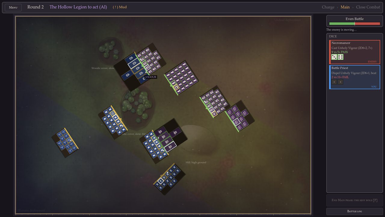 A Duskmarch battle seen from above: blue Aldmere regiments and purple Hollow Legion regiments clash across a muddy field between woods and a hill, with the dice tray on the right.