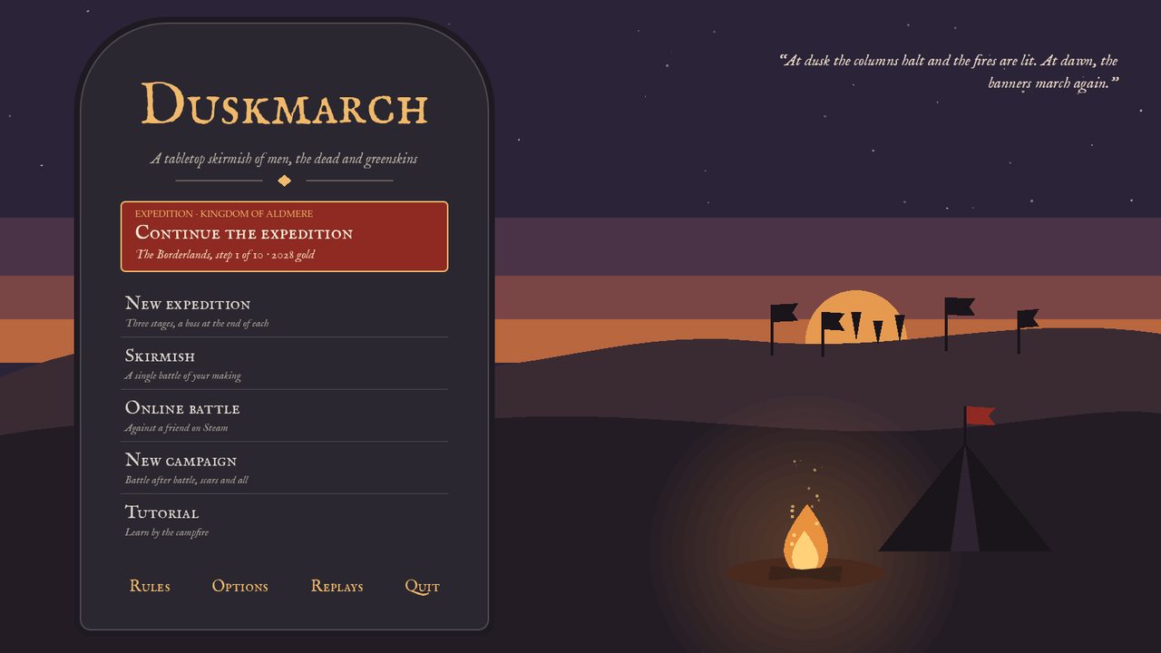 The Duskmarch main menu: a stone tablet with the game's title beside a dusk landscape with banners and a campfire.